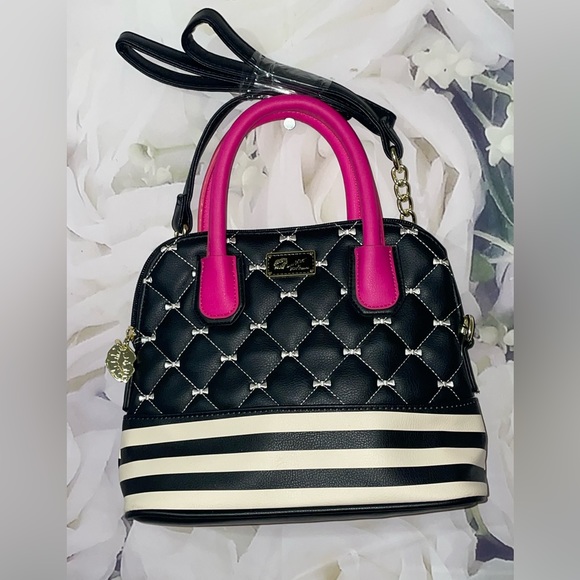 Luv Betsey Johnson Quilted Dome Satchel Triple Handle Crossbody Black White Pink - Picture 1 of 7